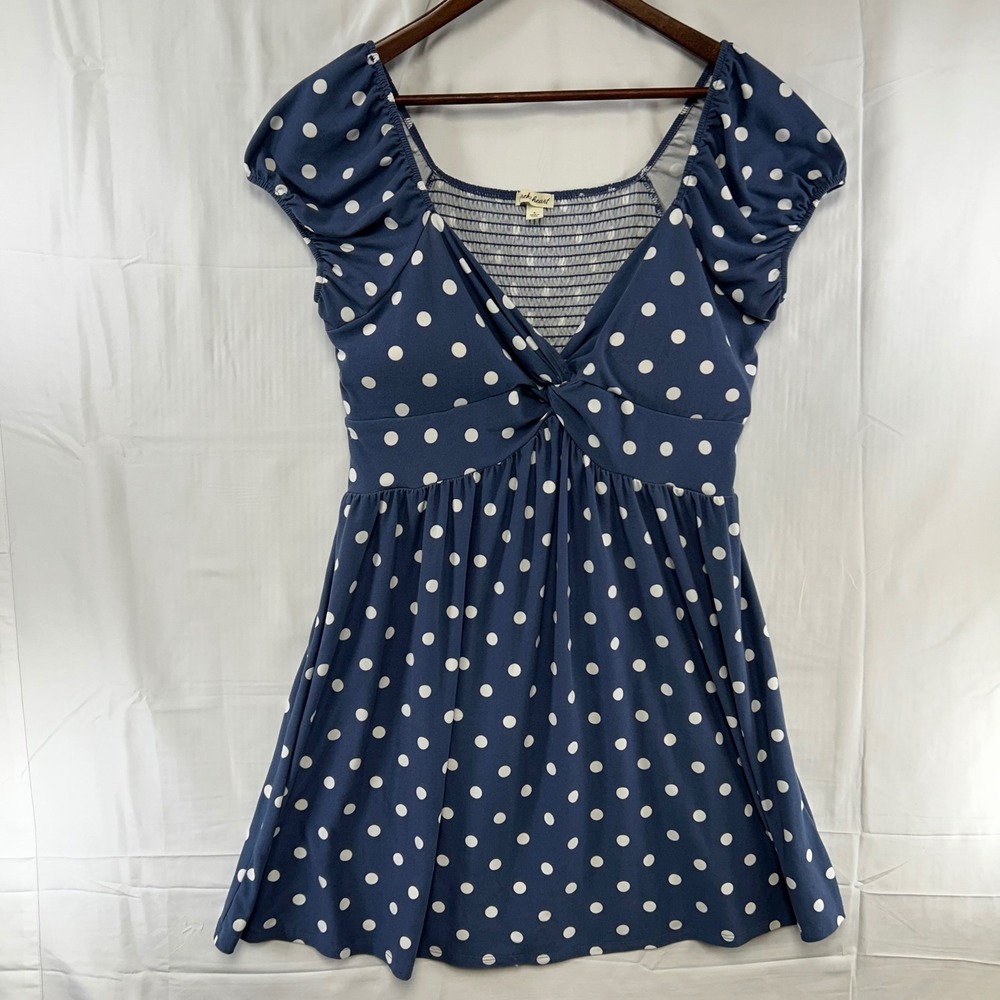 Derek Heart Polka Dot Dress Women XL Blue Twisted V-Neck Smocked Back